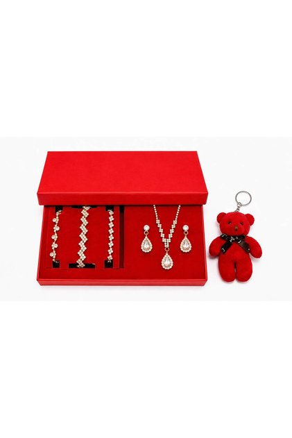 Gold Stone Silver Color 5-Piece Women's Jewelry Set Necklace Earrings 3 Bracelets Boxed with Teddy Bear Keychain