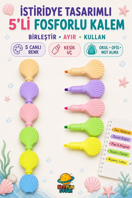 5'li Midye İstiridye Tasarımlı Fosforlu Kalem Seti
