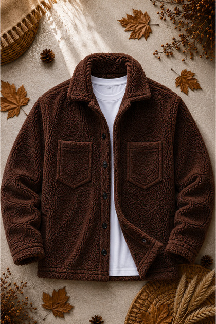 Unisex Plush Jacket Winter Thick Textured Buttoned Double Pocket Oversize Shirt Jacket Cardigan