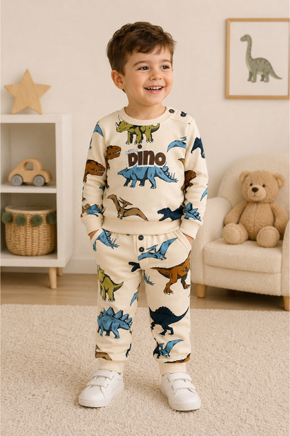 Dinosaur Printed 100% Cotton Seasonal Boys' Two-Piece Set