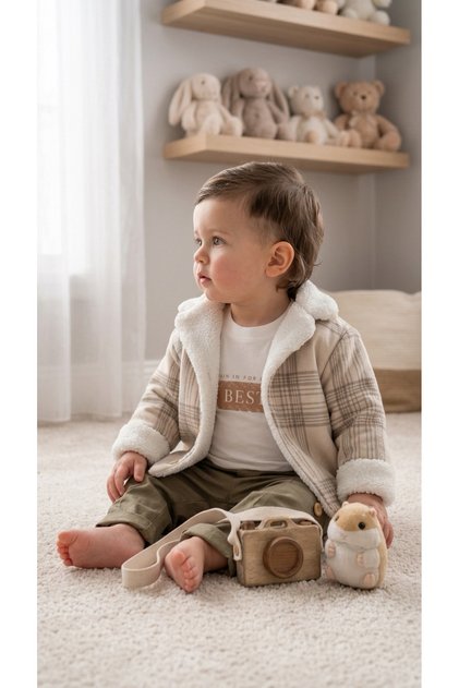 Fur-Lined Lumberjack Fabric Coat, Teddy Bear Printed Flexible Fabric Bodysuit and Lycra Gabardine Pants with Pockets, 3-Piece Baby Boy Set