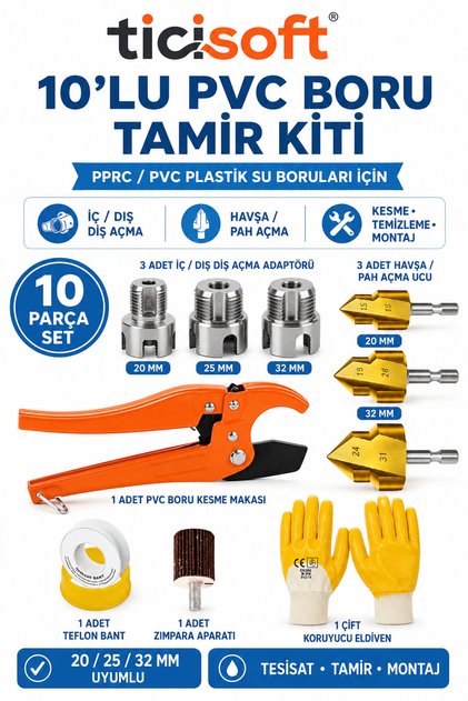 10 Parça PPRC PVC Boru Tamir Seti 20-25-32 mm İç Dış Diş Açma Havşa Pah Açma Boru Makası Tesisatçı Kiti