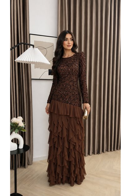 Luxury Brown Evening Dress Sparkling Embroidered Long Layered Ruffle Skirt