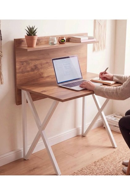 82 Cm Maya Ceviz Raflı Çalışma Masası Laptop Masası Beyaz Ayak