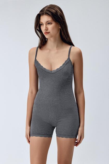Kadın Fitilli Body Koyu Gri Melanj