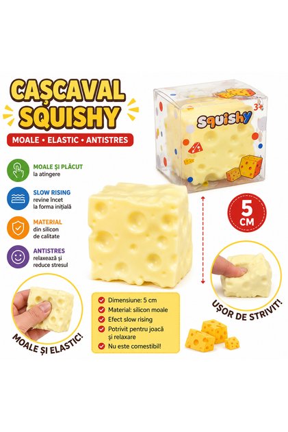 Cașcaval Squishy, 5 cm, Jucărie Antistres din Silicon Moale, Elastică, Model Brânză