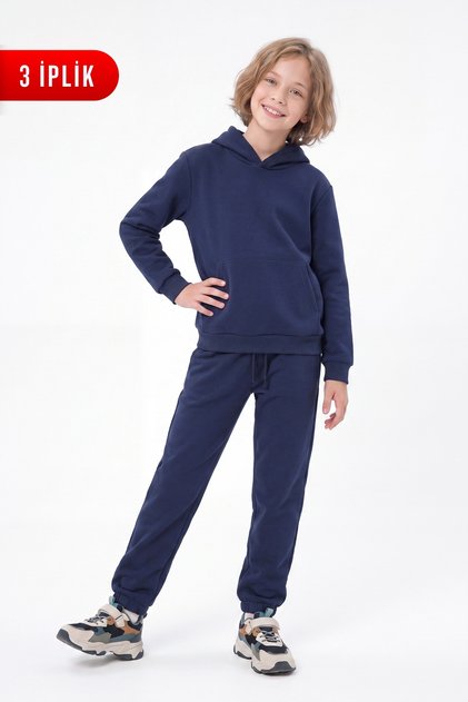 3 Thread Flat Winter Kangaroo Pocket Hooded Girls' Tracksuit Set