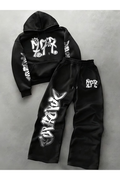 Unisex Women's Men's Graffiti 777 Lettering Printed Oversize 3 Thread Hooded Hoodie and Baggy Sweatpants