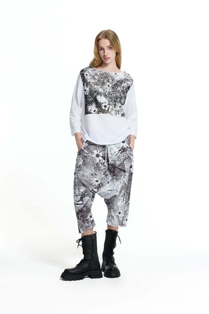 White Artistic Floral Panel Detailed Oversize T-Shirt 19083