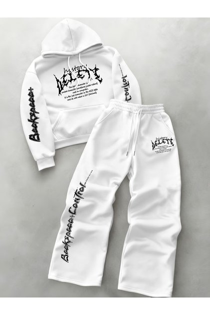 Unisex Women's and Men's Delete Text Printed Oversize 3 Thread Hooded Hoodie and Baggy Sweatpants