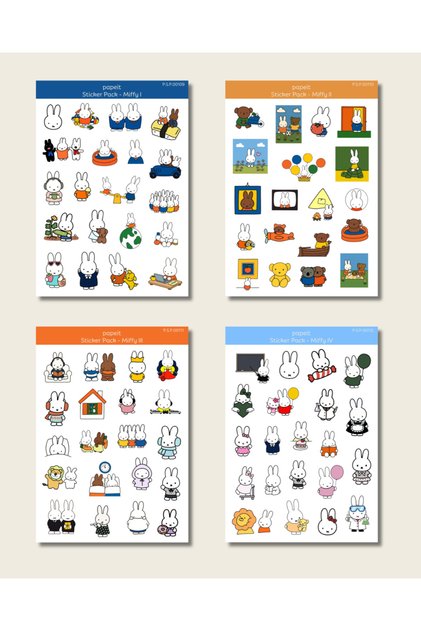Sevimli Tavşan Miffy Temalı 4lü Yapışkanlı Sticker Sayfa Seti