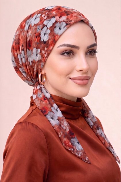 Floral Patterned Practical Ready-To-Wear Scarf Bonnet