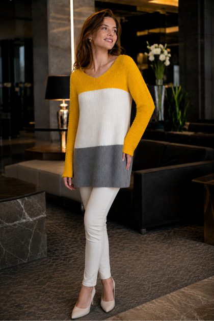 Women's Front Back V-Neck Long Sleeve Bat Sleeve Thessaloniki Knit Color Block Lightweight Stylish Relaxed Fit Yellow White Gray Knitwear Sweater