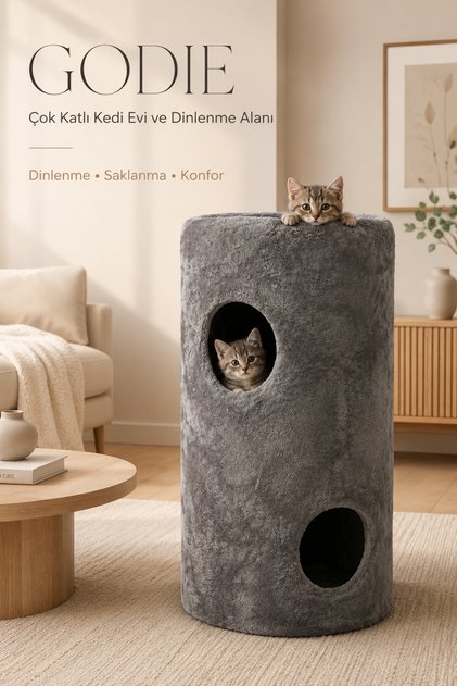 Sawinno GODIE 3 Katlı Kedi Evi ve Yatağı, 87x47 cm, Wellsoft Kumaşlı Geniş Kedi Yuvası Gri