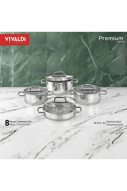 Vivaldi Premium 8 Piece Stainless Steel 18/10 Pot Set - Turkish