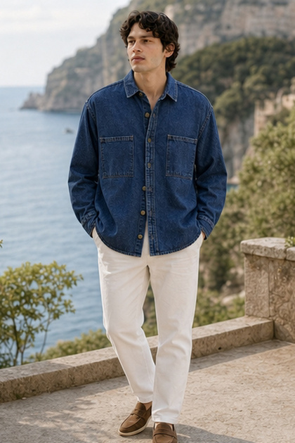 Men's Oversized Solid Long-Sleeve Denim Shirt - Blue