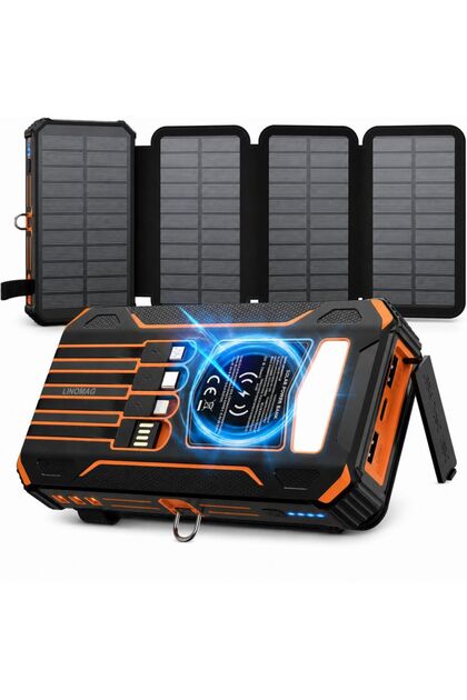 Εξωτερική ηλιακή μπαταρία 20000mAh Linomag ® Γρήγορη φόρτιση 3Α, Ασύρματη φόρτιση 15W, 4 πτυσσόμενα ηλιακά πάνελ, 4 ενσωματωμένα καλώδια, 3 θύρες USB, Φακός LED, Πορτοκαλί