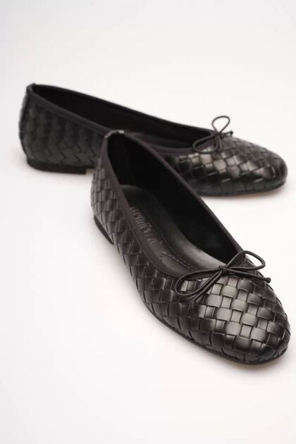 Women's Black Daily Print Detailed Round Toe Ballerina Shoes Tr23Ms05A