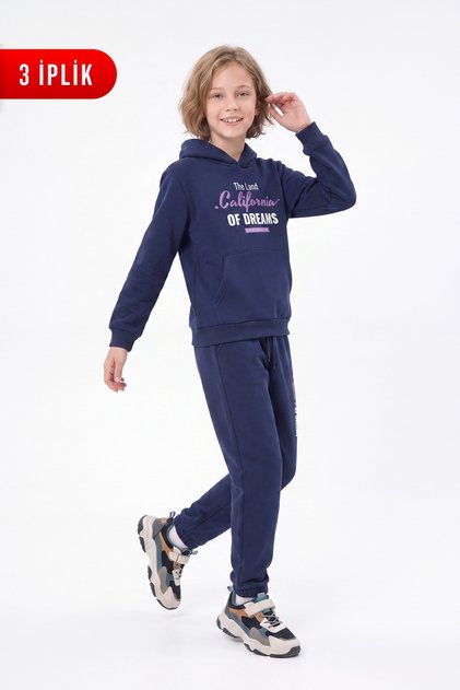 3 Thread Printed Winter Kangaroo Pocket Hooded Girls' Tracksuit Set