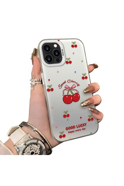 iPhone 14 Pro Compatible Hard Acrylic Back Silicone Edge Lens Protection Cherry Case