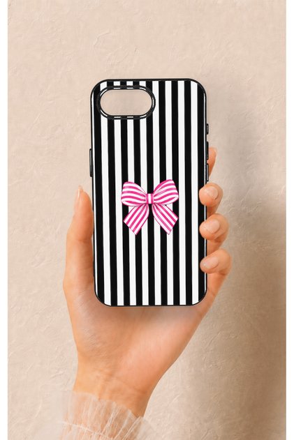 iPhone 16E Compatible Pink and White Ribbon Patterned Silicone Case