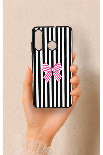 Huawei P30 Lite Compatible Pink and White Ribbon Patterned Silicone Case