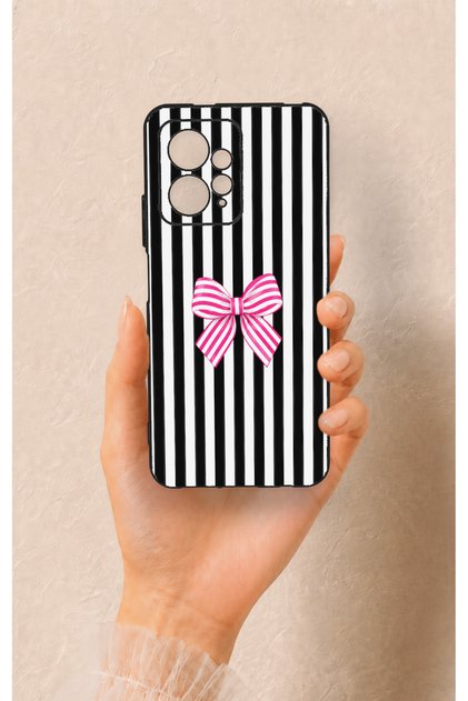 Redmi Note 12 4g Compatible Pink and White Ribbon Patterned Silicone Case