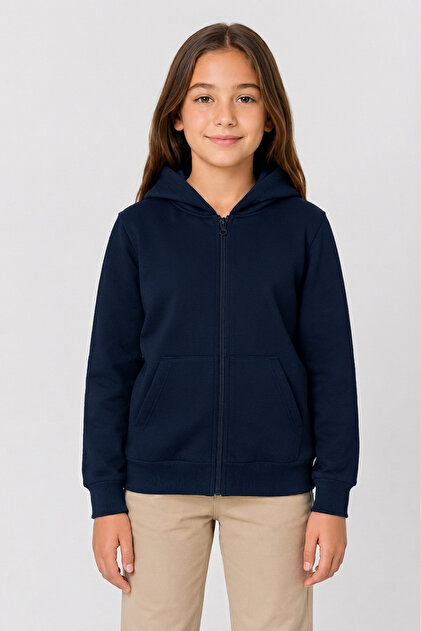Kız Çocuk Kapüşonlu Fermuarlı Okul Hırkası Cepli Günlük Düz Basic Çocuk Sweatshirt 9-16 Yaş Lacivert