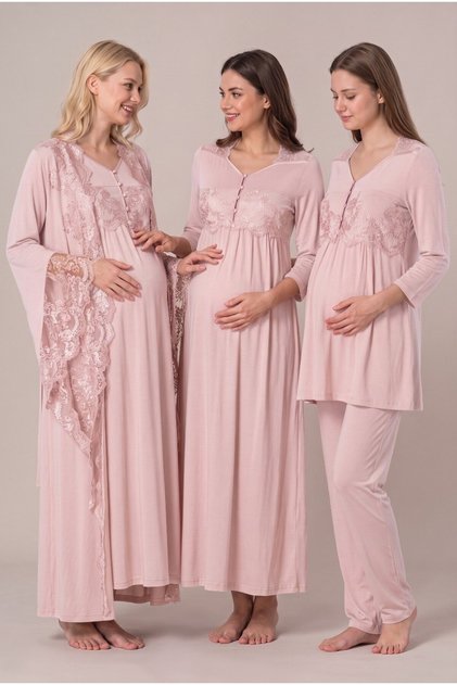 Women's Powder Lace Flounce Sleeves Long Sleeve Maternity Nightgown Pajama Set with Nursing Convenience