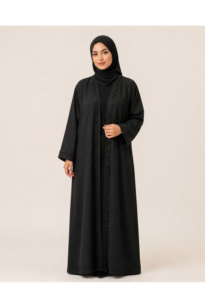 Elegant Black Abaya with Beaded Front Trim & Embellished Cuffs