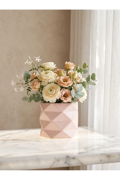 Triangular Ribbed Pink Ceramic Vase