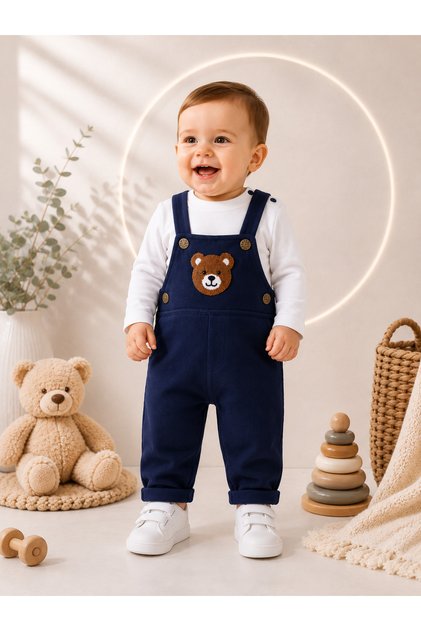 Baby Boy Gabardine Salopet Set with Teddy Bear Embroidery, Long Sleeve Top and Suspender Overalls, 2-Piece Set