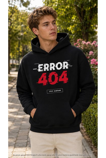 سويت شيرت رجالي من القطن بطباعة Effect Error 404 Try Again مع جيوب كانجارو وقلنسوة