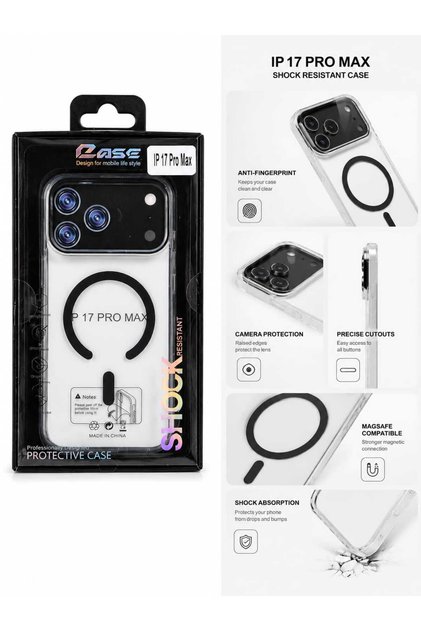 غطاء حماية شفاف بإطار ملون متوافق مع آيفون 17 برو ماكس مع تقنية MagSafe - أسود