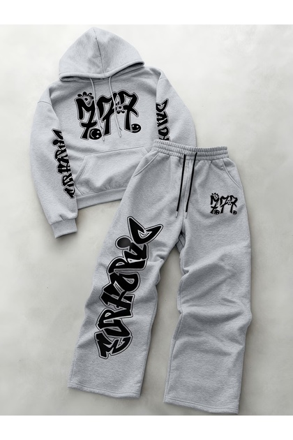 Unisex Men's and Women's 777 Graffiti Printed Oversize 3 Thread Hooded Hoodie and Baggy Bottom Sweatpants Set