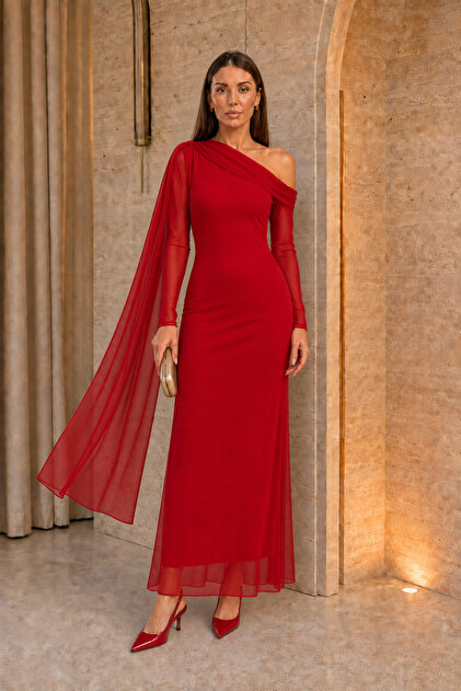 Women's Asymmetrical Collar Shawl Detailed Lined Tulle Sandy Red Maxi Dress