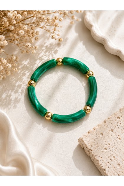 Vibrant Green Gold Detailed Elastic Bracelet – Stylish and Modern Women's Accessory for Summer