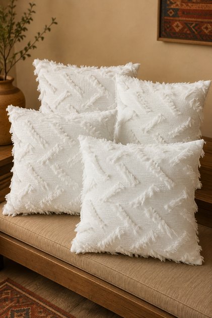 Set de huse pentru perne din țesătură chenille, culoare crem, cu fermoar ascuns, 4 bucăți (41 x 41 cm)