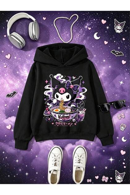 Children's Kuromi Printed Hoodie Hooded Sweatshirt Combed Cotton Fabric 3 Yarns Ribbed Unisex Winter Sweatshirt