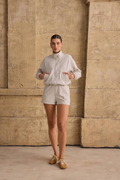 Women's Cream Striped Snap Zipper Bomber Jacket Shorts Set