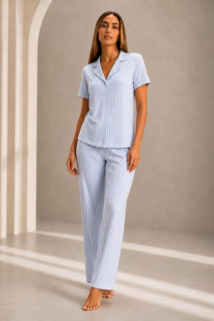 Women's Short Sleeve Comfortable Fit Stylish Blue Pajama Set
