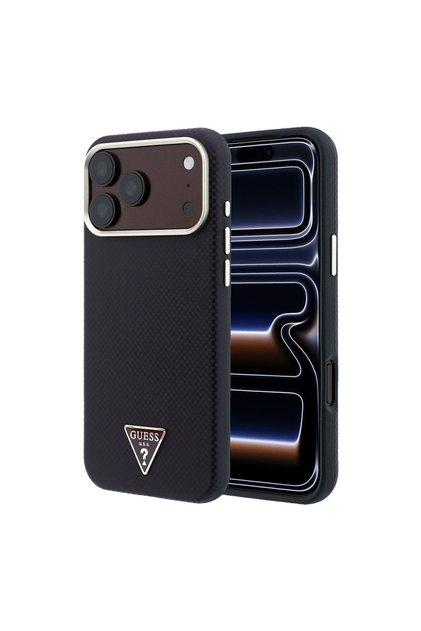 iPhone 18 Pro Case Licensed M-Safeli Pu Metal Triangle Logo Carbon Fiber Kevlar Cover Claret Red