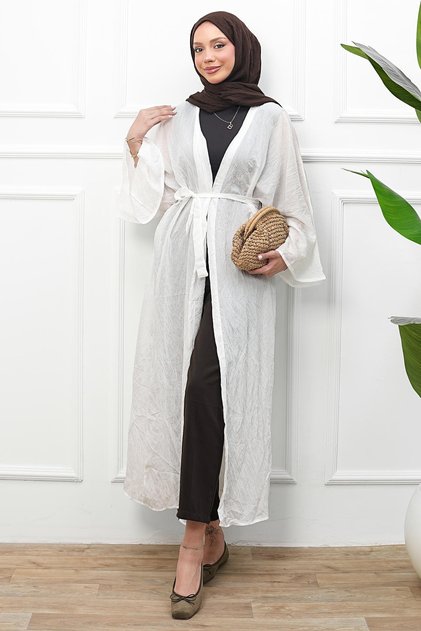 Ecru Waist-Tie Long Kimono
