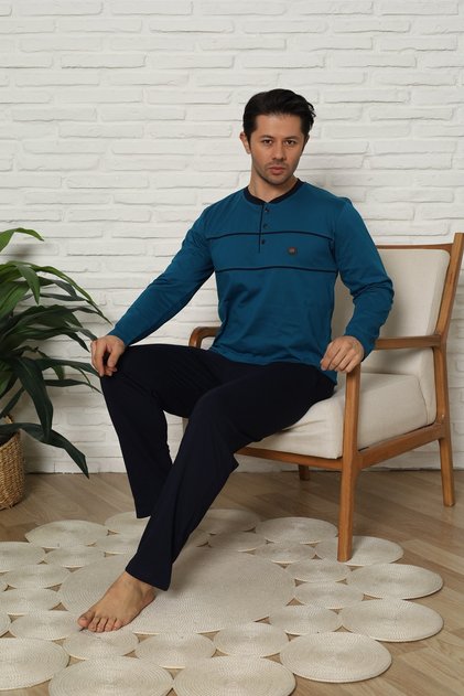Long Sleeve Buttoned Collar Indigo Color Men's Pajama Set