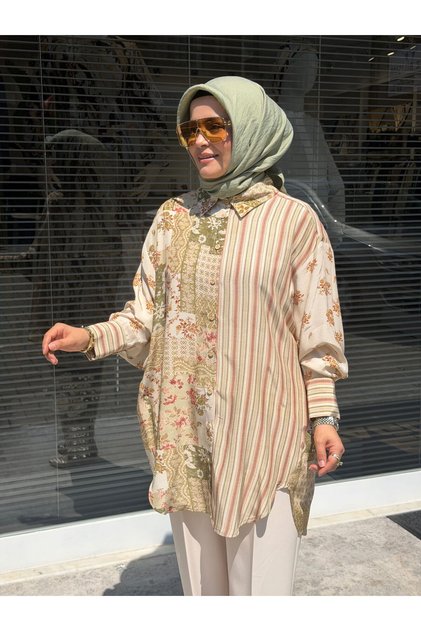 Satin-Faced Ethnic Patterned Shirt Olive