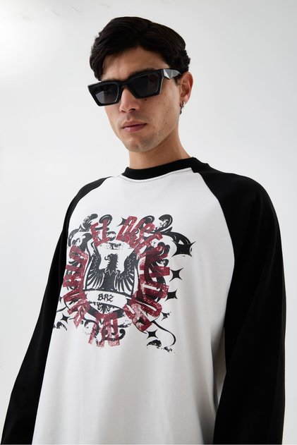 Double Color Eagle Printed Detailed Oversize Long Sleeve Tshirt