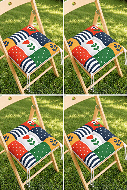 Renkli Patchwork Çiçek, Çizgi ve Puantiyeli 4'lü Pofidik Sandalye Minderi Seti, Bahçe ve Mutfak İçin