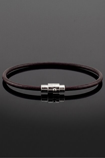 Brown Original Fine Leather Silver Color Clip Minimalist Men's Bracelet M072C