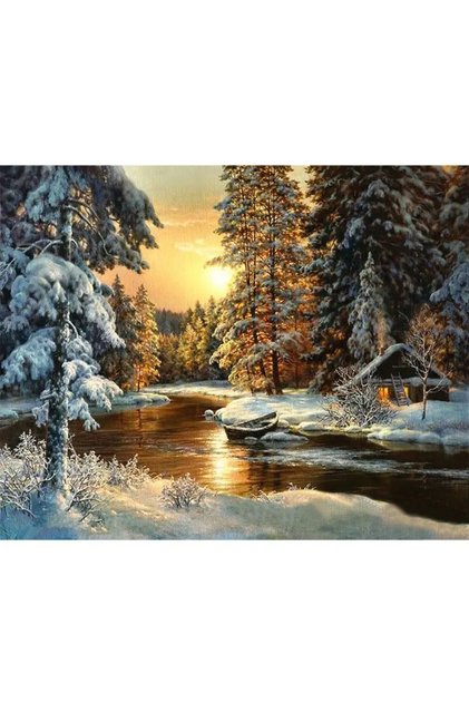Pictură pe numere – Apus auriu în pădurea înzăpezită – Pânză pe cadru de lemn 40×50 cm