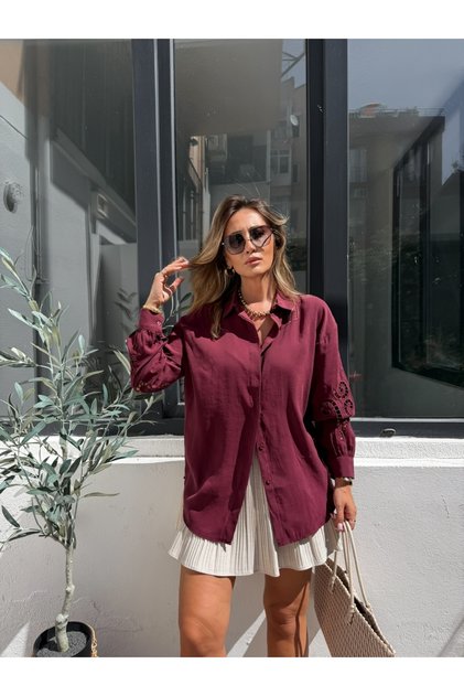 Bordo Kolları Nakışlı Tensel Gömlek